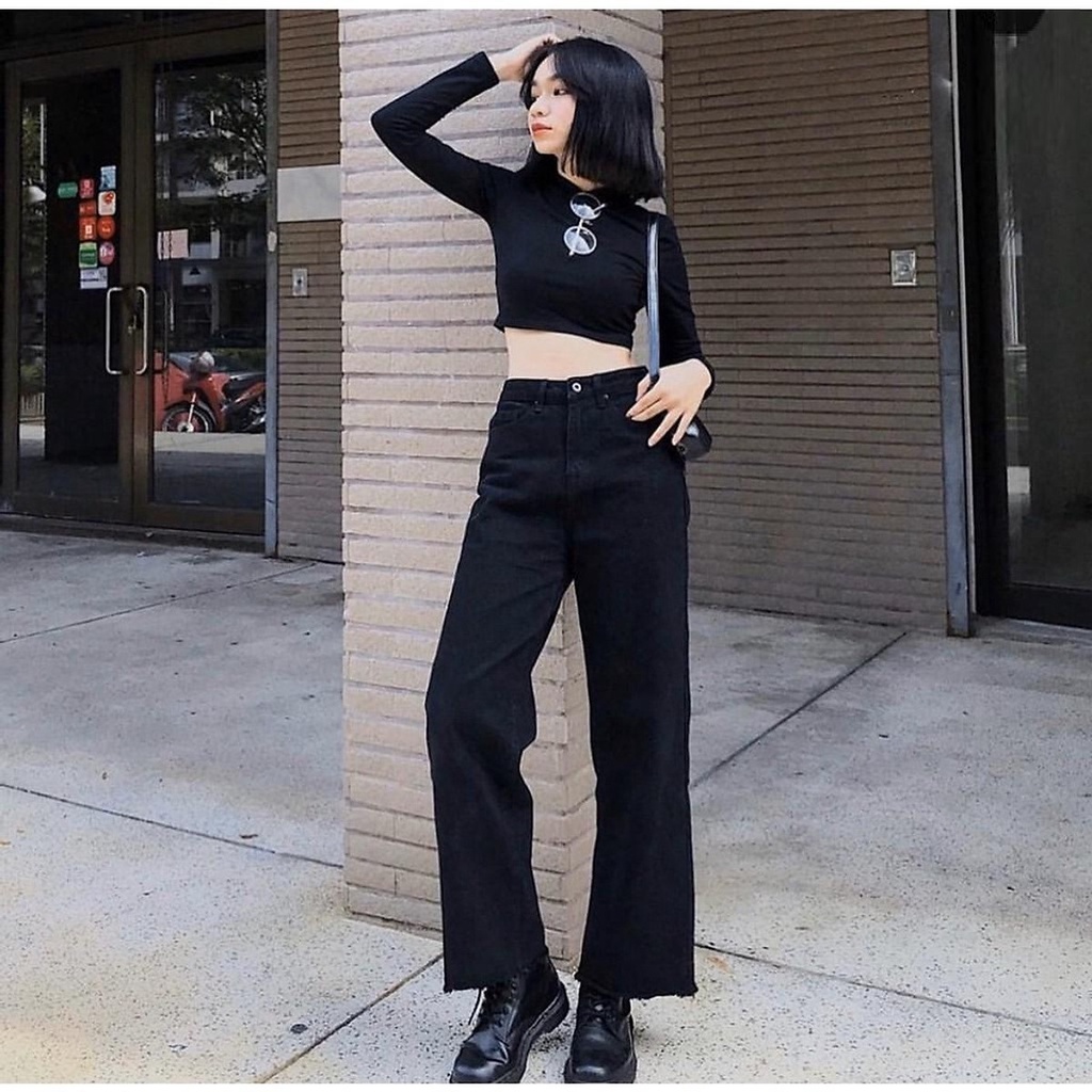 Quần jeans ống rộng đen gấu cắt tua