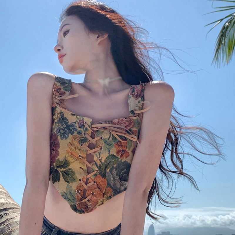 Porozi  Áo croptop  cột dây in họa tiết xinh xắn thời trang Hàn Quốc cho nữ