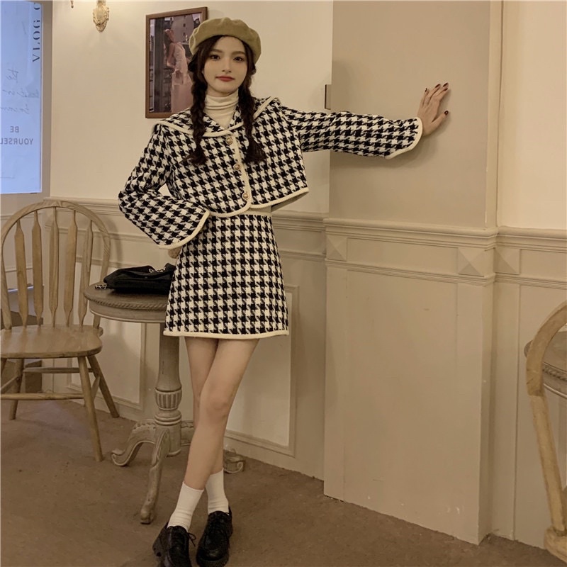 Set áo khoác cardigan dài tay+chân váy ngắn hoạ tiết răng sói houndstooth chic ulzzang SAM SAM BOUTIQUE
