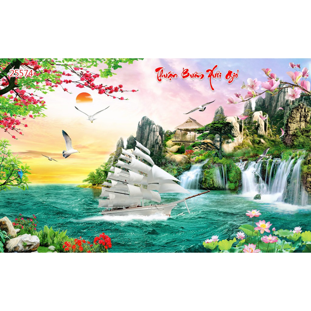 Tranh dán tường 3d sơn thủy hữu tình trang trí nhà cửa phòng khách giá rẻ đẹp chất liệu decal pp keo sẵn bóc dán atk15