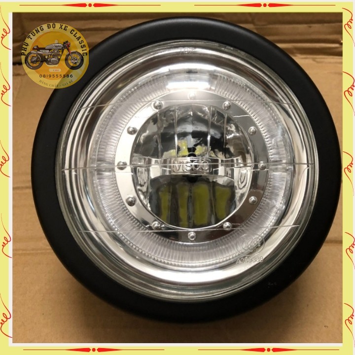 Đèn pha led viền xanh chính hãng Visco dùng độ xe Classic gáo sắt sơn đen mặt kính trong ,đường kính 16cm