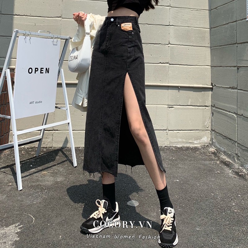 Chân váy vải jean xẻ tà thời trang nữ quyến rũ | BigBuy360 - bigbuy360.vn