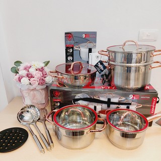 Bộ nồi Inox kèm vỉ hấp Kaisa Villa cao cấp, Bộ nồi 9 món 13 chi tiết Model KV-6638 dùng cho mọi loại bếp