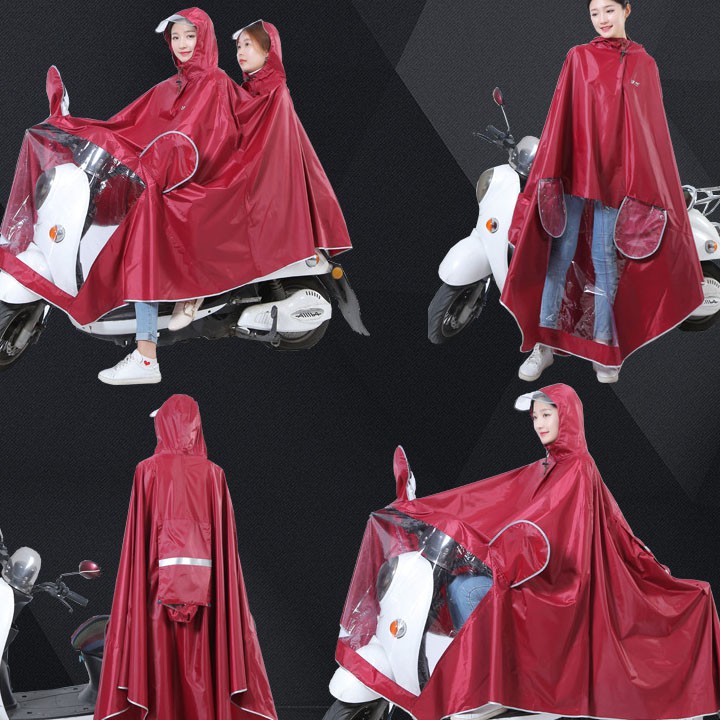 Áo mưa đôi hai đầu cỡ XXXL phủ rộng, Chất vải mưa trơn chống thấm, có bóng kính che gương và đèn xe
