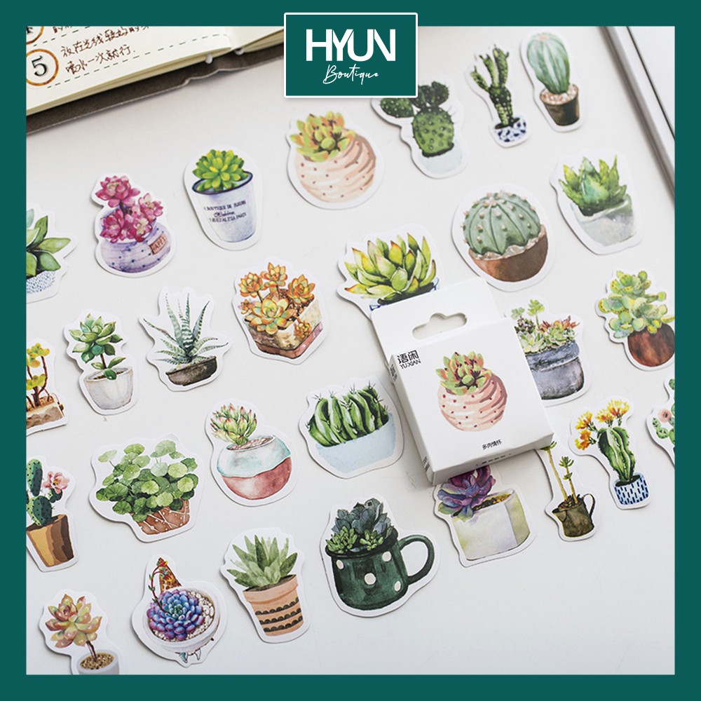 Hộp 50 Sticker Dán Họa Tiết Sen Đá Dễ Thương Trang Trí Sổ Tay Bullet Journal DIY Hyun Boutique