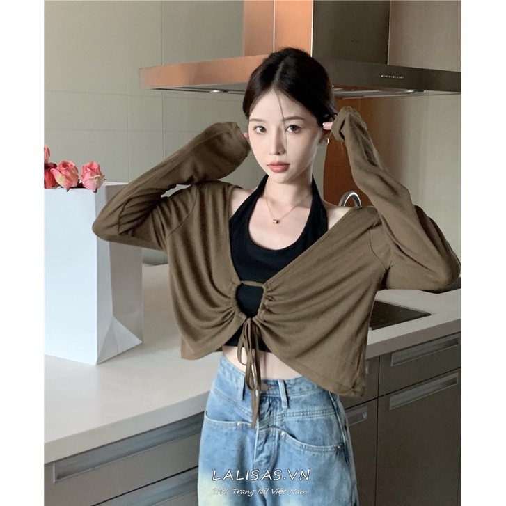 LALISAS Áo Dệt Kim Mỏng Phối Dây Rút Phong Cách Thời Trang Hàn Quốc