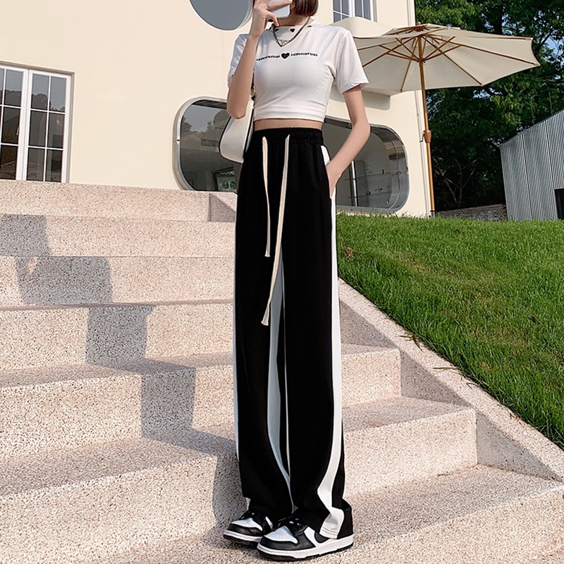 Quần dài ZHELIHANGFEI ống rộng lưng cao phối dây rút thời trang cá tính cho nữ