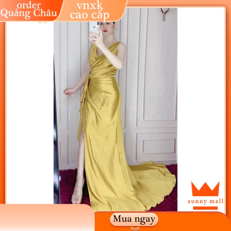 ✨QUẢNG CHÂU✨ Đầm maxi dạ hội dự tiệc cổ V xẻ đùi nhún bèo eo sang trọng SUNNY MALL -Size M/L( ảnh/video thật) MS134Y 🔥F