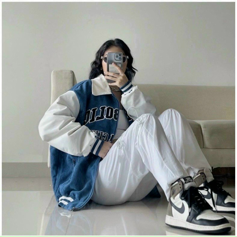 Áo khoác nhung tăm nam nữ  cổ sơ Mi 2 Lớp thêu chữ, áo bomber jacket form rộng mẫu dễ thương