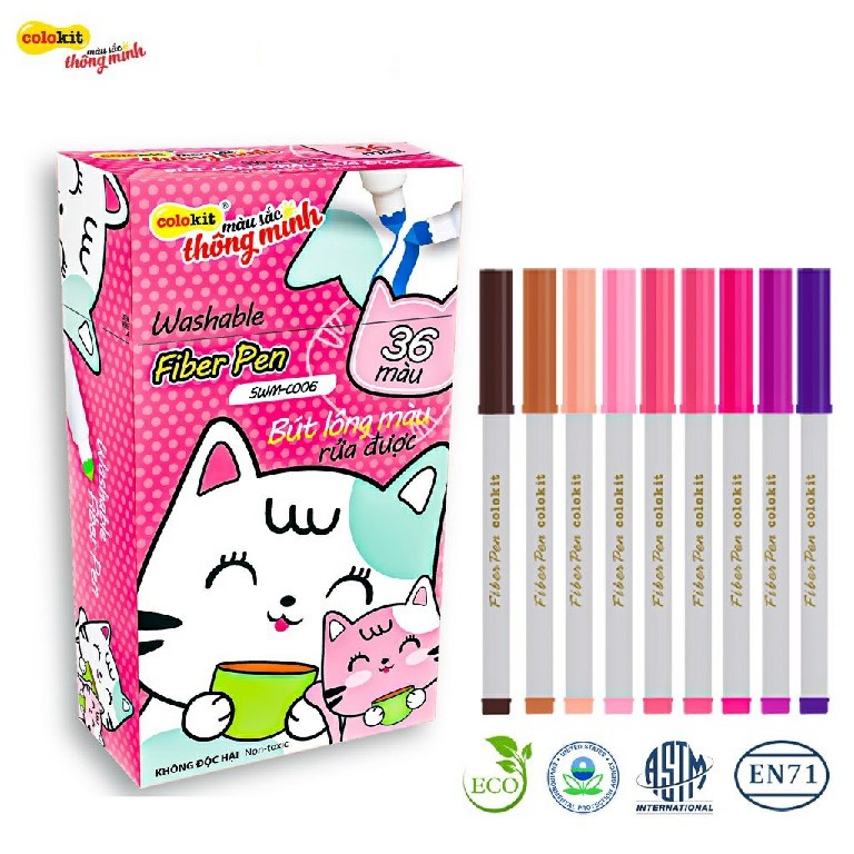 Hộp Bút Lông 36 Màu - Fiber Pen Washable - Nét Mảnh Nét To. Bôi được!! - dòng sản phẩm Colokit - Thương hiệu Thiên Long.