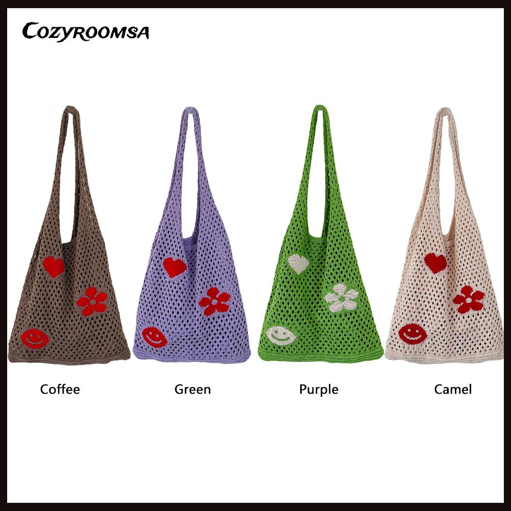 Túi Đeo Vai Đan Len Thủ Công Cỡ Lớn Phối Lưới Hoa Xinh Xắn