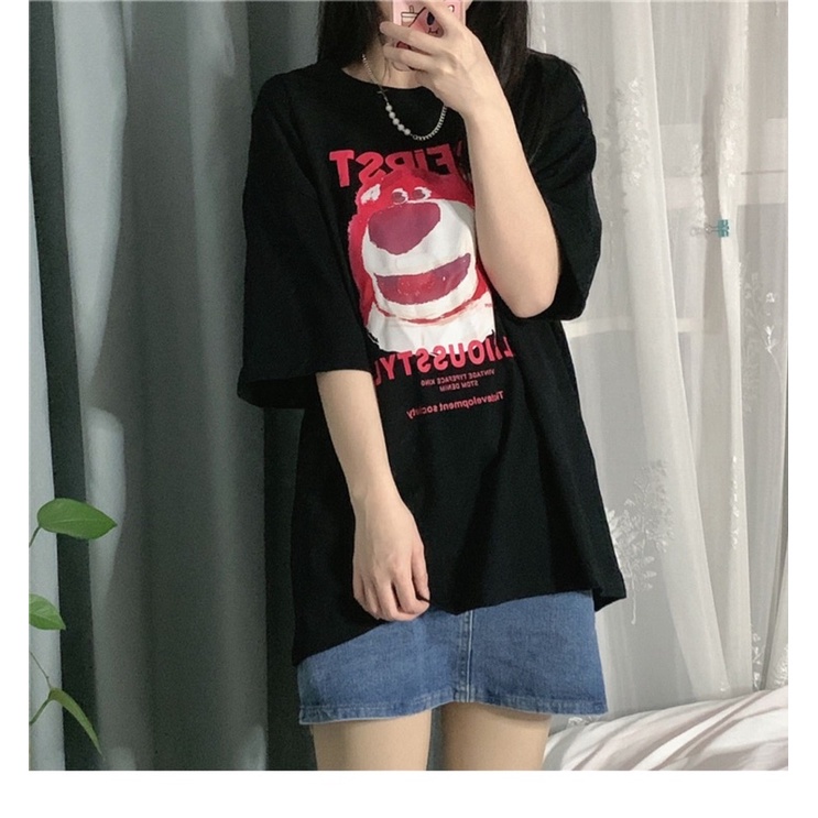 Áo thun cotton tay lỡ dáng rộng uniex mặt gấu vre freesize 38-65kg