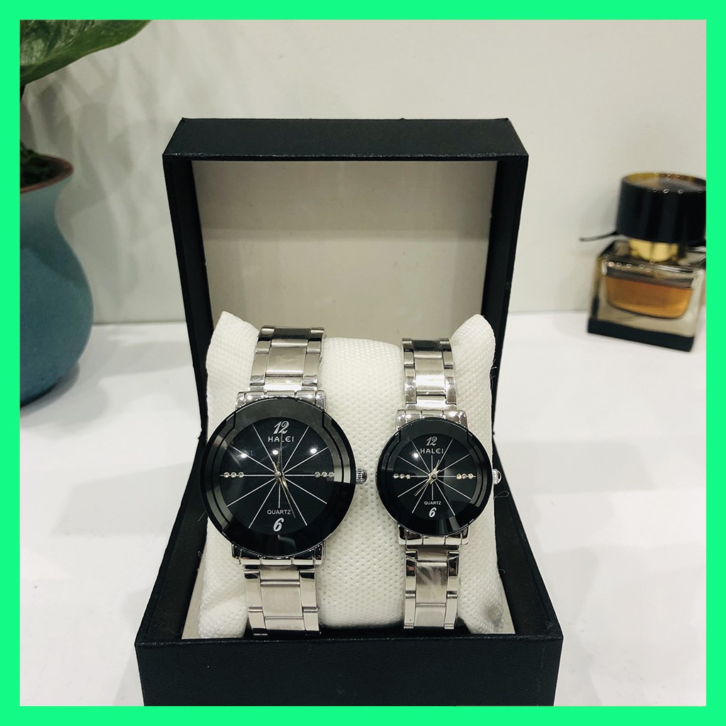 Đồng hồ đôi nam nữ HALEI giá 1 đôi dây bạc tặng pin