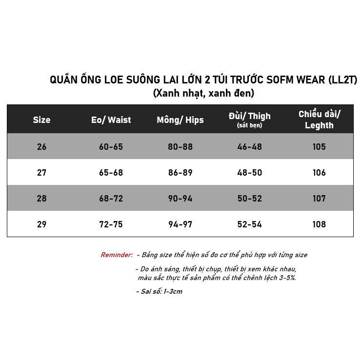 Quần jean ống loe dáng suông túi trước lai lớn LL2T Sofm Wear Dài 104-106cm