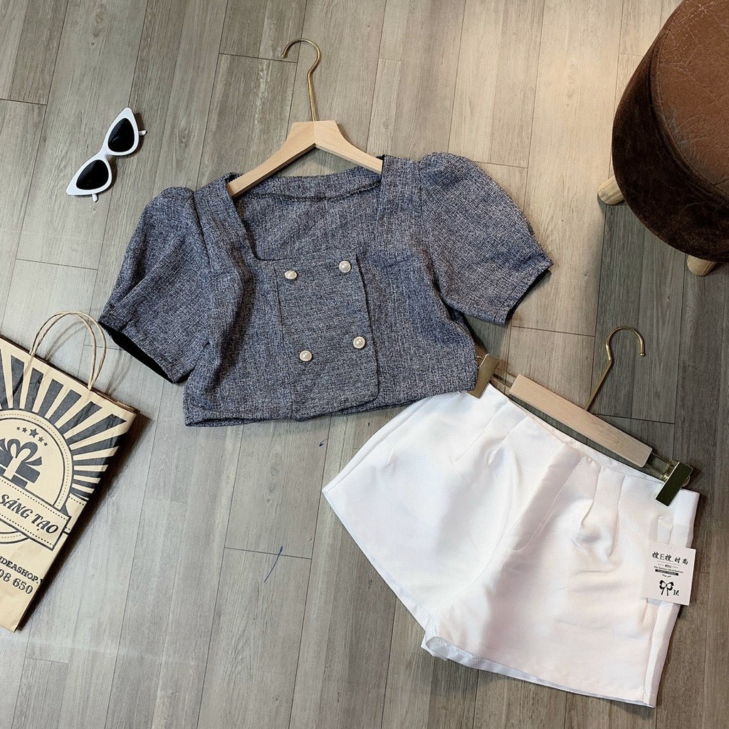 Áo Croptop Nữ Cổ Vuông Tay Ngắn Freesize < 52kg Cun Boutique Chất Gấm Mịn Thời Trang 4 Khuy Cài Tinh Tế