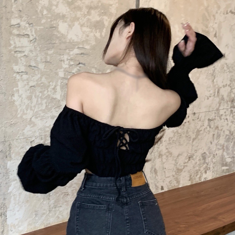 Áo croptop trễ vai tay dài phong cách Hàn Quốc dành cho bạn nữ