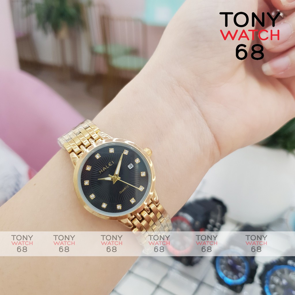 Đồng hồ nữ Halei dây kim loại mạ vàng mặt số ngọc có lịch chống nước chính hãng Tony Watch 68