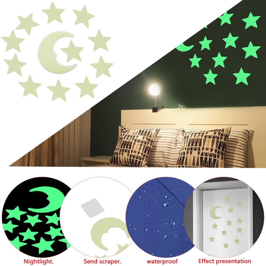 Sticker Dán Tường Hình Mặt Trăng Và Ngôi Sao Hiệu Ứng Dạ Quang