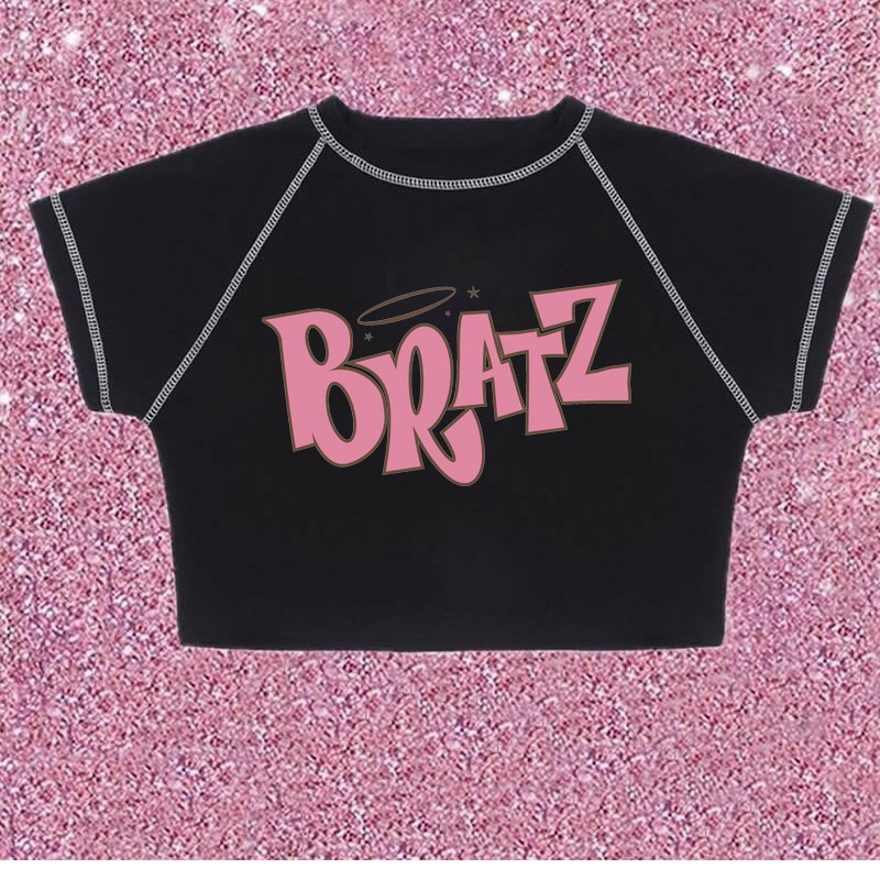 Y2k Vintage Áo Thun Phố goth Bông Tai Kẹp Đen Nữ Tay Áo BRATZ In roupas femininas