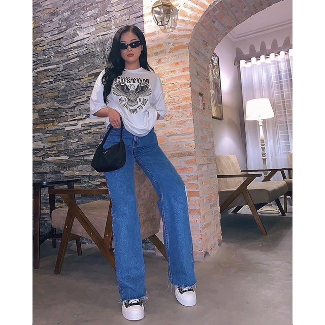 Quần Jeans Suông Ống Rộng Lai Cắt Lưng Cao Dáng Dài