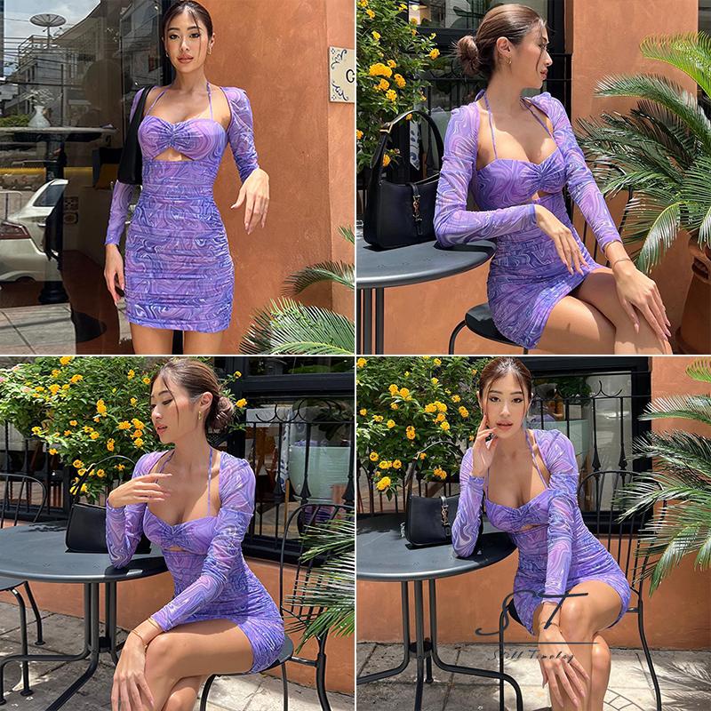 Đầm Ngắn Xếp Ly Tay Dài Cổ Yếm In Họa Tiết Hoa Thời Trang Xuân Thu CY03 Dành Cho Bạn Nữ