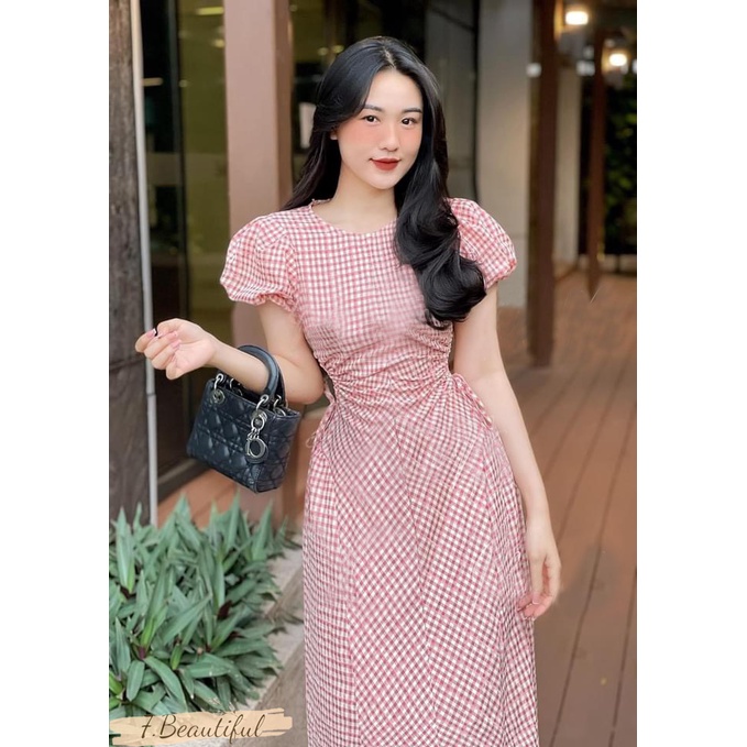 Đầm nữ, váy kẻ caro hồng rút eo tay bồng, phong cách nhẹ nhàng tiểu thư 7.Beautiful V118