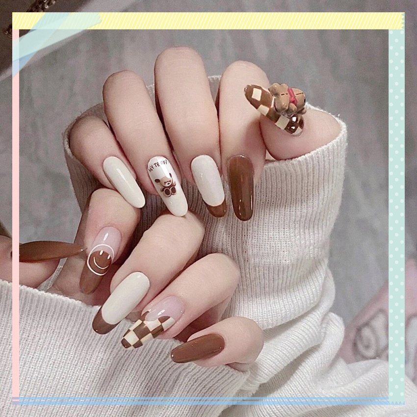 Bộ 24 Móng Tay Giả Hình Gấu Dễ Thương Có Thể Tháo Rời