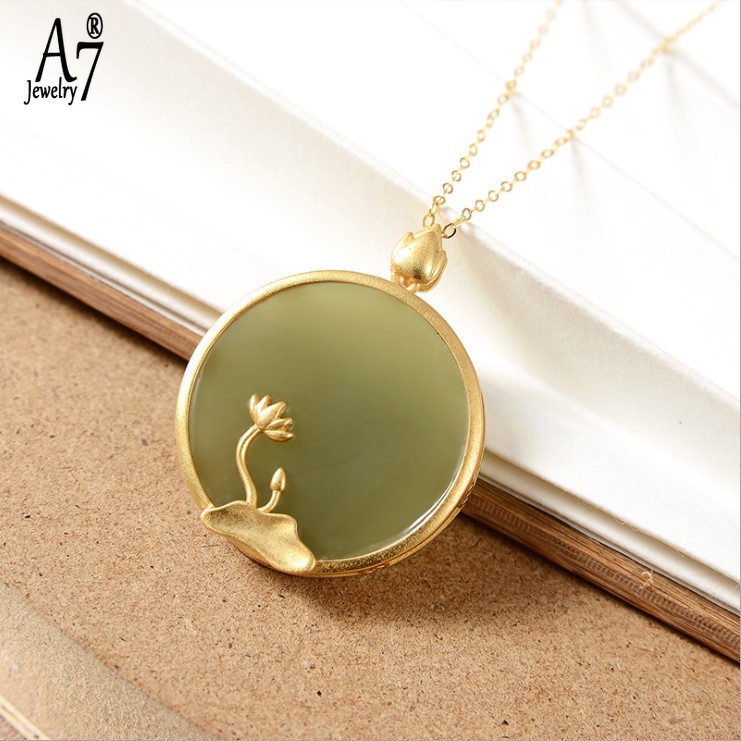 Dây Chuyền Mặt Tròn Hình Hoa Sen Đính Ngọc Bích Phong Cách Trung Hoa Cổ Điển S925