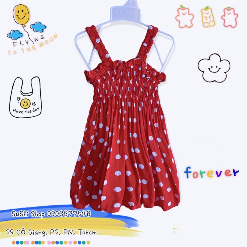 Đầm / Váy 2 Dây Xếp Ply - Chất Liệu Voan Lạnh - 4 Màu Phối Họa Tiết Và Chấm Bi - Đủ Size từ 8 - 45 KG