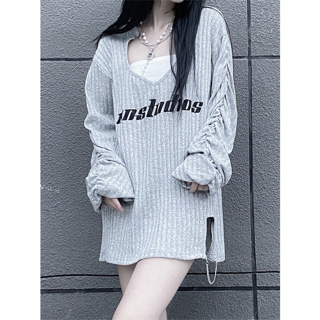 Áo đầm lửng tay dài form rộng (có bán lẻ) + áo ống phong cách đường phố ngọt ngào cá tính cho nữ