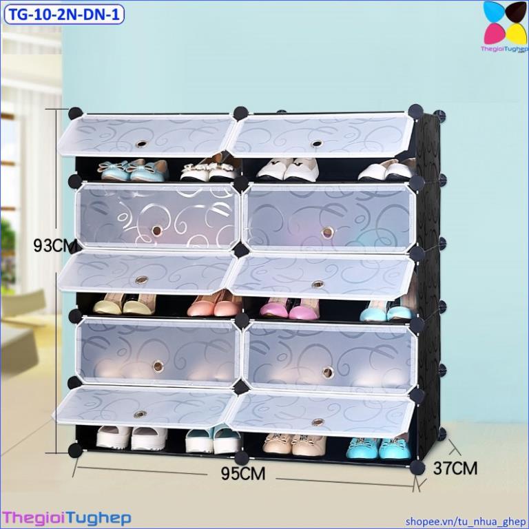Tủ giầy nhựa lắp ghép 10 ô, 2 cột 5 tầng, có cửa, để được 20 đôi giày (màu: Đen vân, Vàng trơn, Xanh dương, Hồng phấn)