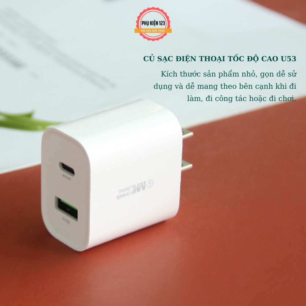 Củ sạc nhanh 20W Wp u53, cốc sạc 2 cổng cắm usb type c, cóc điện thoại i.p sam sung oppo