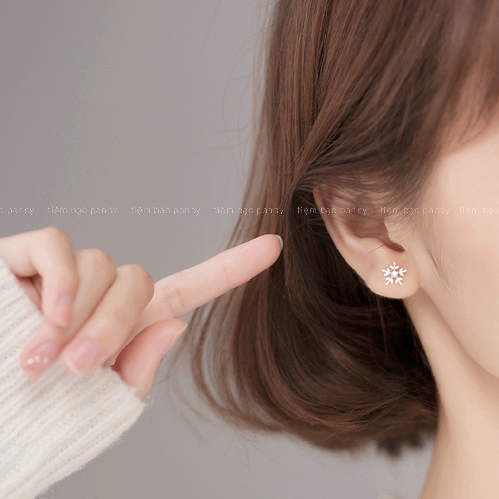 Bông hoa tai bạc nụ hình hoa tuyết PANSY nhỏ xinh, khuyên tai bạc nữ đính đá lấp lánh
