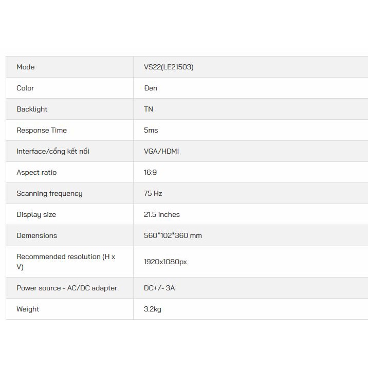 Màn hình máy tính 22inch VSP VS21.5 (LE21503) VGA HDMI FullHD 75Hz 5ms TN - Hàng chính hãng