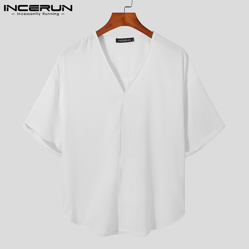 Áo thun INCERUN tay ngắn cổ chữ V màu trơn size S-5XL thời trang cho nam