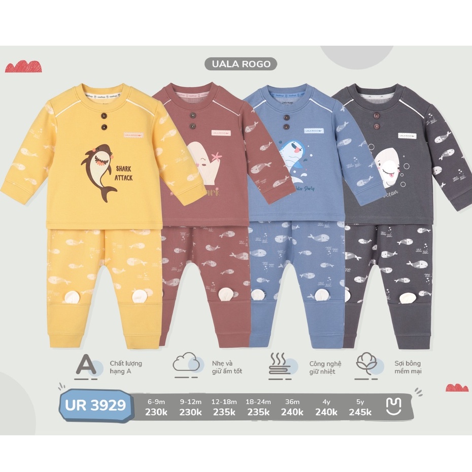 Bộ Uala Rogo Cotton dài tay cá mập họa tiết nhí cao cấp bộ ngủ mềm mịn thấm hút tốt cho bé trai bé gái 3929