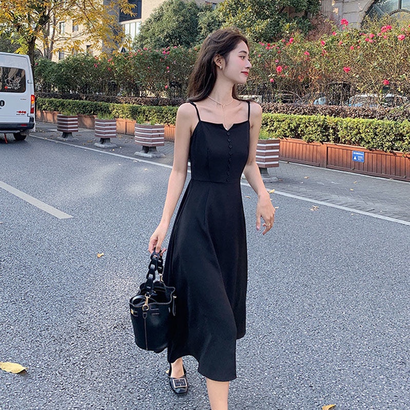 Đầm Hai Dây Màu Đen Phong Cách Hàn Quốc Cổ Điển Thời Trang Cho Nữ
