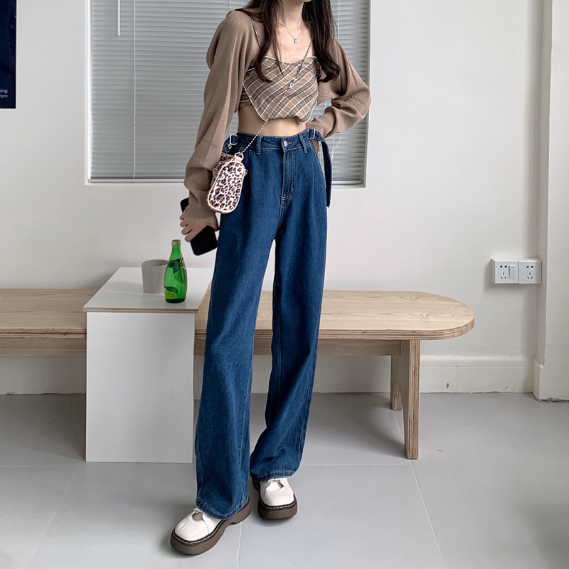 Quần Denim Nữ Lưng Cao Ống Rộng Phong Cách Hàn Quốc