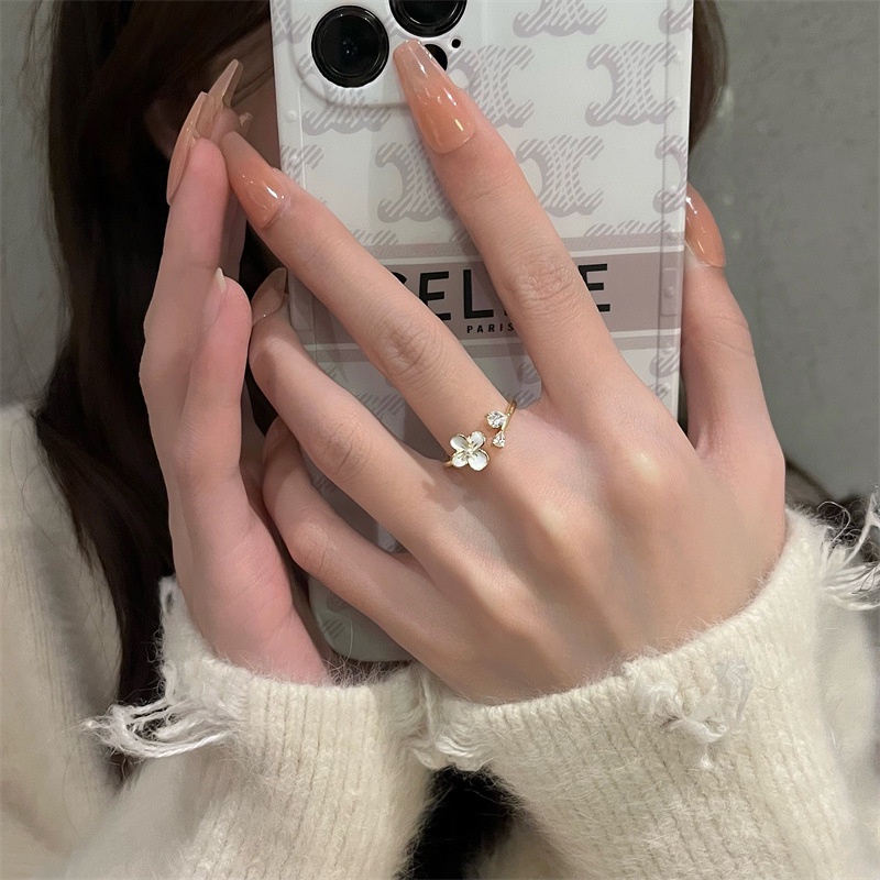 Nhẫn hở hình hoa đính ngọc trai có thể điều chỉnh được thiết kế tinh tế kiểu Hàn Quốc đơn giản thanh lịch cho nữ