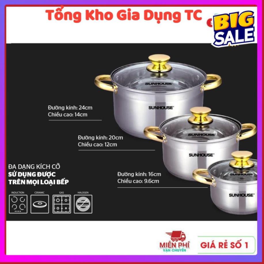 [Size 16,20,24cm] Bộ nồi inox 5 đáy Sunhouse SH781 dùng mọi loại bếp từ bếp gas bếp hồng ngoại