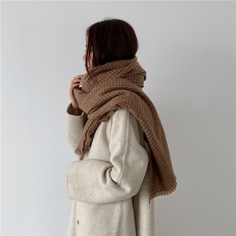 Khăn Quàng Cổ Kẻ Caro Nhỏ Nâu Đen Vintage Unisex Nam Nữ Siêu Rộng