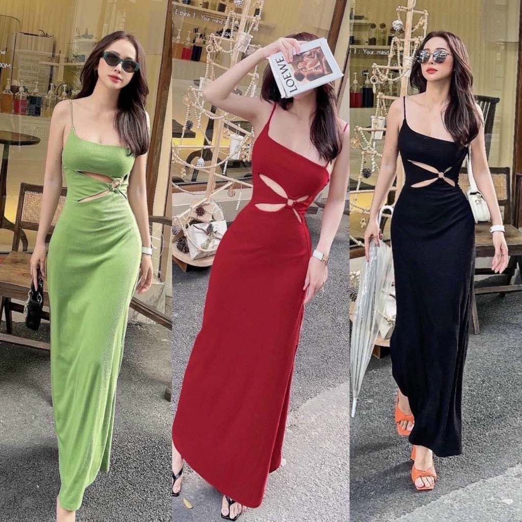 Đầm body hai dây khoét eo có mút ngực chất thun gân