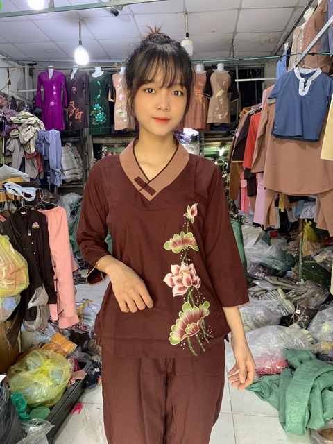 Thời trang nữ phật giáo, vẽ hoa sen , một nút vẽ , đồ đi chùa , đồ lam, áo lam