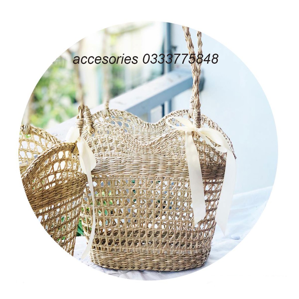Túi cói cao cấp miệng trái tim buộc nơ vintage cổ điển thanh lịch
