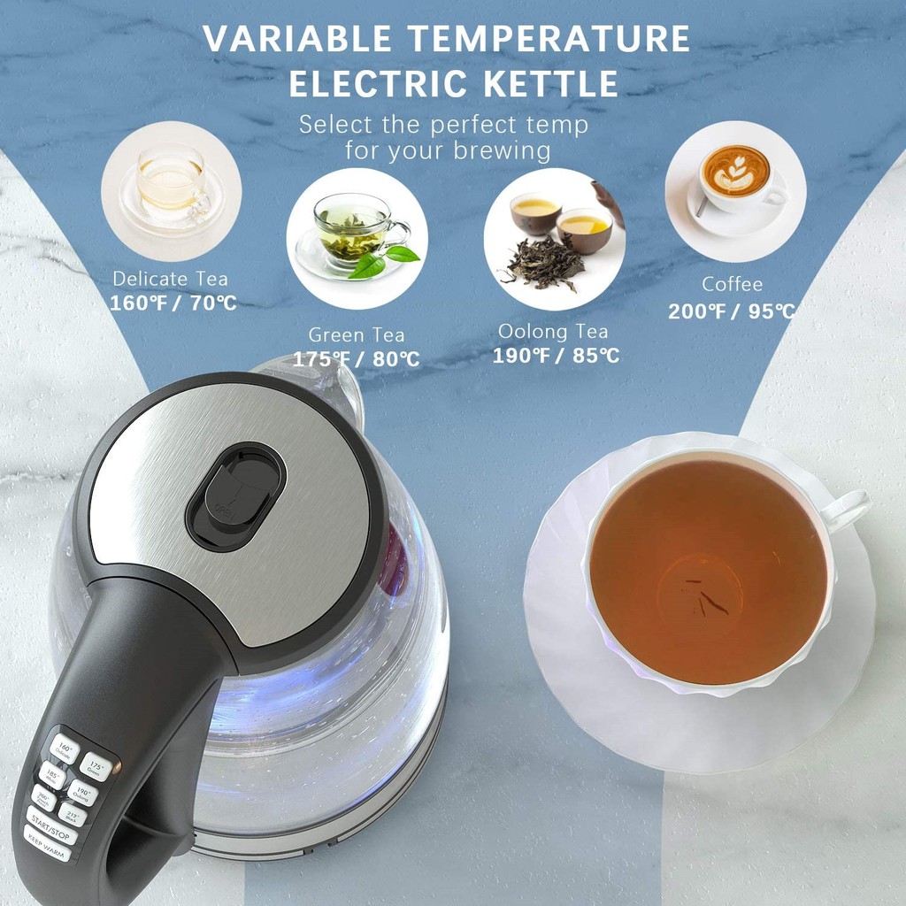 ✕DEVISIB Nhiệt độ biến thiên Ấm đun nước điện 2.0L Thủy tinh cho Trà Cà phê Chức năng Giữ ấm Đun sôi Bảo vệ Khô Thiết bị
