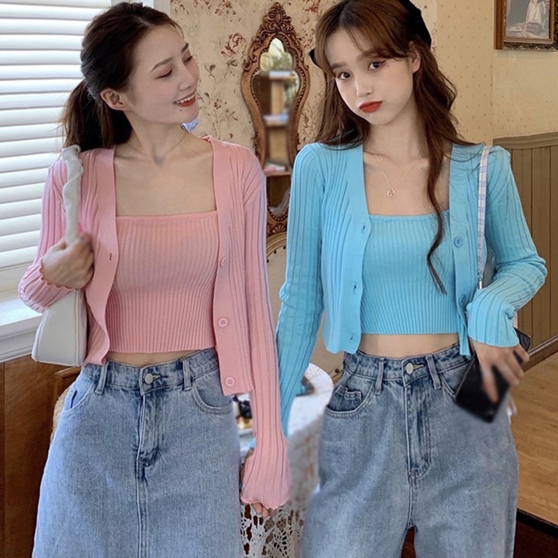 Set Áo Hai Dây + Áo Khoác Cardigan Màu Trơn Thời Trang Quyến Rũ Cho Nữ