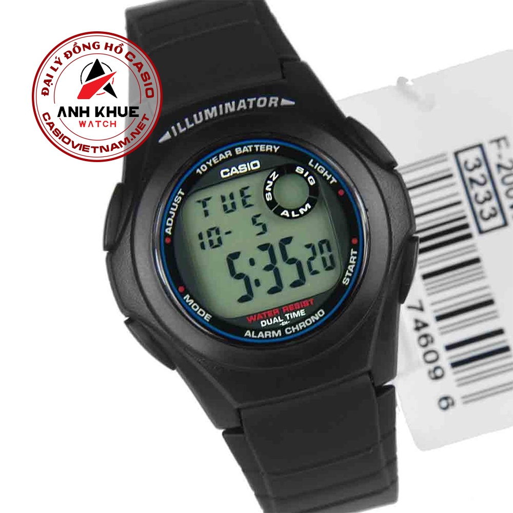Đồng hồ Casio Nam - Nữ F-200W-1ASDF dây nhựa, chống nước, có đèn led, pin 10 năm