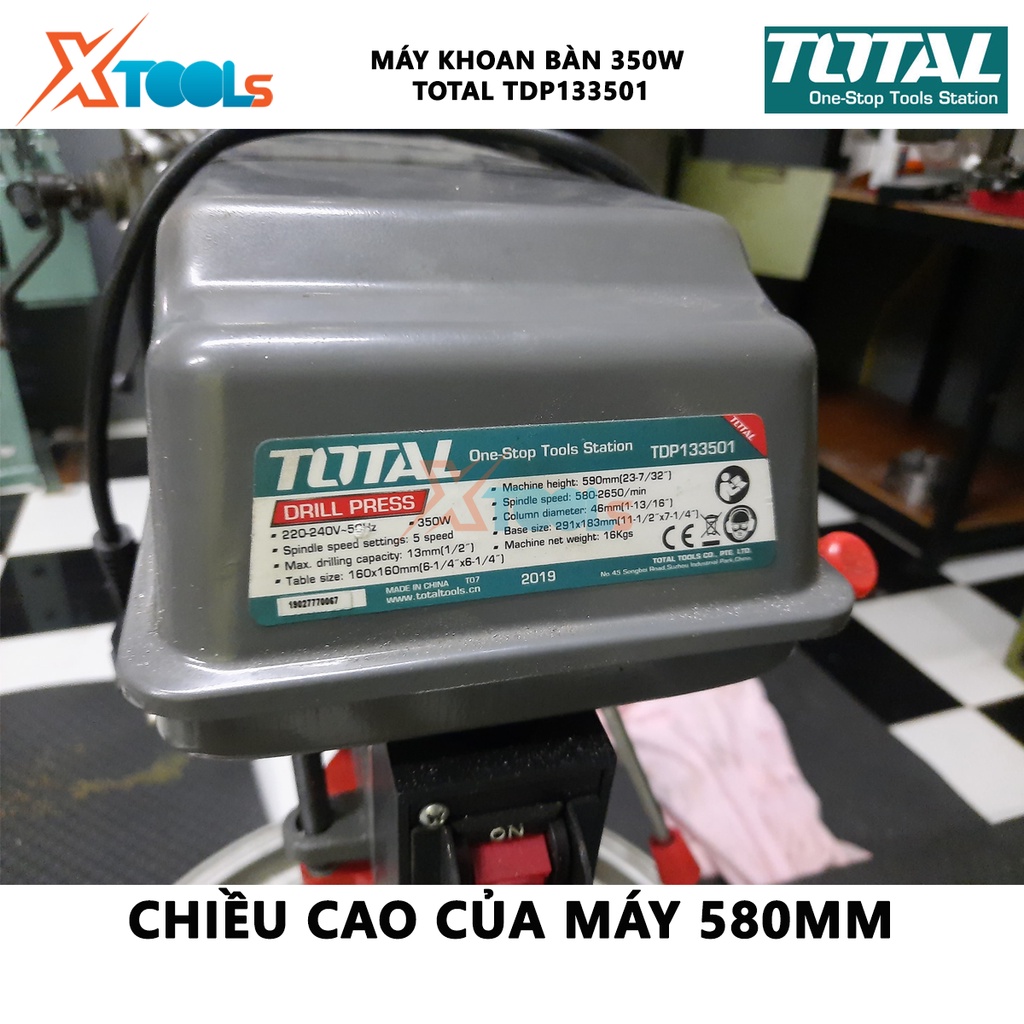 Máy khoan bàn Total TDP133501 công suất 350w, tùy chỉnh chỉnh độ cao, tốc độ 580-2650v/p; khả năng khoan 13mm; đường kín