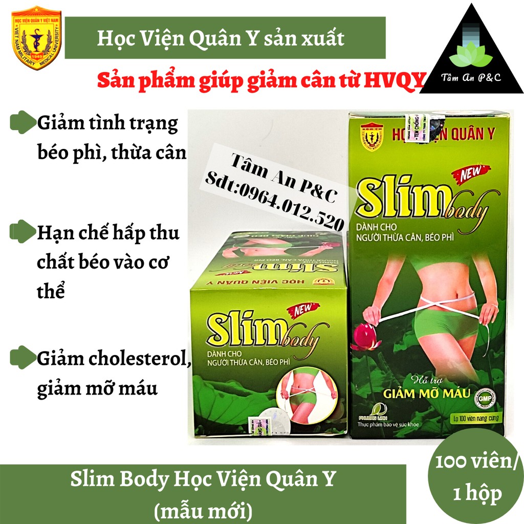 (Giảm cân an toàn) Viên uống giảm cân Slim Body New sản xuẩt bởi Học viện Quân Y hộp 100 viên--CHÍNH HÃNG HVQY