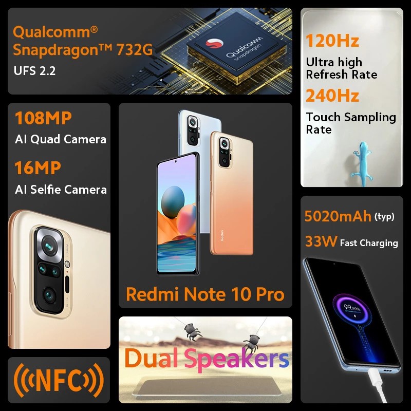 Phiên Bản Quốc Tế Điện Thoại Xiaomi Redmi Note 10 Pro 6G + 128G / 8G + 128G Snap Dragon 732G 33W Sạc Nhanh